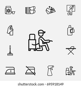 Set Of 12 Editable Cleaning Outline Icons. Includes Symbols Such As Metal Board, Swob, Housekeeping And More. Can Be Used For Web, Mobile, UI And Infographic Design.