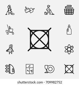 Set Of 12 Editable Cleaning Outline Icons. Includes Symbols Such As Clean, Washing Liquid, Attention And More. Can Be Used For Web, Mobile, UI And Infographic Design.