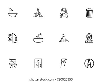 Set Of 12 Editable Cleaning Outline Icons. Includes Symbols Such As Pier Glass, Garbage Bin, Ironing And More. Can Be Used For Web, Mobile, UI And Infographic Design.