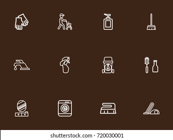 Set Of 12 Editable Cleaning Outline Icons. Includes Symbols Such As Hygiene, Fluid Soap, Pier Glass And More. Can Be Used For Web, Mobile, UI And Infographic Design.