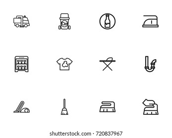 Set Of 12 Editable Cleaning Outline Icons. Includes Symbols Such As Organic Residues, Brush, Metal Board And More. Can Be Used For Web, Mobile, UI And Infographic Design.