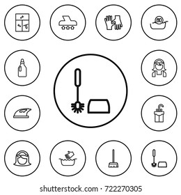 Set Of 12 Editable Cleaning Outline Icons. Includes Symbols Such As Besom, Cleaning Window, Toilet Brush And More. Can Be Used For Web, Mobile, UI And Infographic Design.
