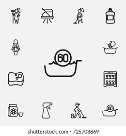 Set Of 12 Editable Cleaning Outline Icons. Includes Symbols Such As Detergent, Spray, Sponge And More. Can Be Used For Web, Mobile, UI And Infographic Design.