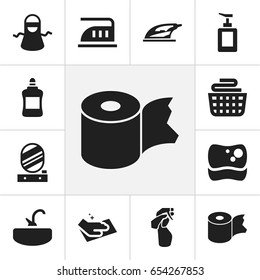 Set Of 12 Editable Cleanup Icons. Includes Symbols Such As Window Cleaner, Wall Mirror, Towel And More. Can Be Used For Web, Mobile, UI And Infographic Design.