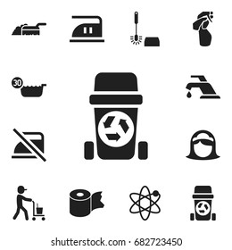 Set Of 12 Editable Cleanup Icons. Includes Symbols Such As Wc Cleaning, Warning, Rubbish Container And More. Can Be Used For Web, Mobile, UI And Infographic Design.