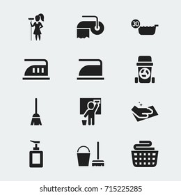 Set Of 12 Editable Cleanup Icons. Includes Symbols Such As Cleaning Man, Working At Home, Broomstick And More. Can Be Used For Web, Mobile, UI And Infographic Design.