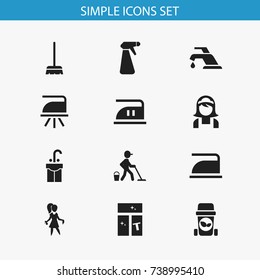 Set Of 12 Editable Cleanup Icons. Includes Symbols Such As Trash Bin, Chores, Ironing And More. Can Be Used For Web, Mobile, UI And Infographic Design.