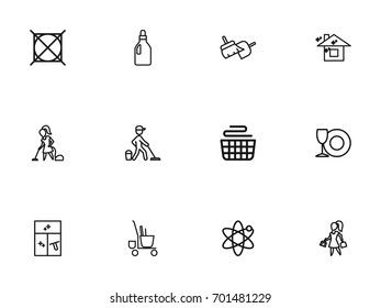 Set Of 12 Editable Cleanup Outline Icons. Includes Symbols Such As Trolley, Cleaning Window, Clean House And More. Can Be Used For Web, Mobile, UI And Infographic Design.