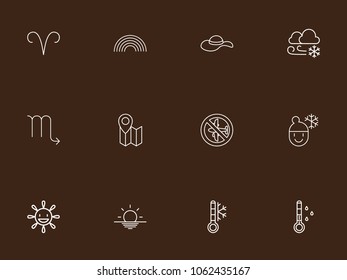 Set of 12 editable climate icons line style. Includes symbols such as sunup, fever, map and more. Can be used for web, mobile, UI and infographic design.