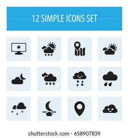 Set Of 12 Editable Climate Icons. Includes Symbols Such As Deluge, Clouded Sunshine, Pinpoint And More. Can Be Used For Web, Mobile, UI And Infographic Design.