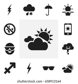 Set Of 12 Editable Climate Icons. Includes Symbols Such As Clouded Sunshine, Thunder, Thunderstorm And More. Can Be Used For Web, Mobile, UI And Infographic Design.