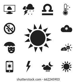 Set Of 12 Editable Climate Icons. Includes Symbols Such As Cloud On The Screen, Happy Man, Warm And More. Can Be Used For Web, Mobile, UI And Infographic Design.
