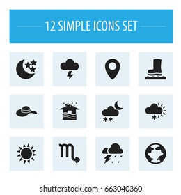 Set Of 12 Editable Climate Icons. Includes Symbols Such As Headwear, Sunlight, Frosty And More. Can Be Used For Web, Mobile, UI And Infographic Design.
