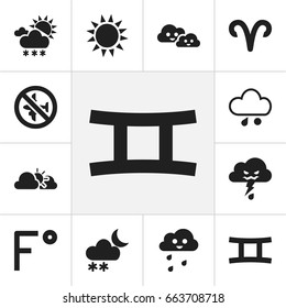 Set Of 12 Editable Climate Icons. Includes Symbols Such As Hail, Twins, Ram And More. Can Be Used For Web, Mobile, UI And Infographic Design.