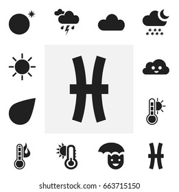 Set Of 12 Editable Climate Icons. Includes Symbols Such As Fishes, Snowy Night, Happy Overcast And More. Can Be Used For Web, Mobile, UI And Infographic Design.