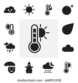Set Of 12 Editable Climate Icons. Includes Symbols Such As Sky Night, Happy Man, Hot And More. Can Be Used For Web, Mobile, UI And Infographic Design.
