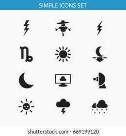 Set Of 12 Editable Climate Icons. Includes Symbols Such As Stormy, Goat, Satellite And More. Can Be Used For Web, Mobile, UI And Infographic Design.