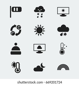 Set Of 12 Editable Climate Icons. Includes Symbols Such As Scale Of Temperature, Monitor, Sleet And More. Can Be Used For Web, Mobile, UI And Infographic Design.