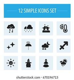 Set Of 12 Editable Climate Icons. Includes Symbols Such As Snow Person, Sleet, Laughing Solar And More. Can Be Used For Web, Mobile, UI And Infographic Design.
