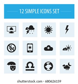 Set Of 12 Editable Climate Icons. Includes Symbols Such As Lightning, Storm, Sun In Display And More. Can Be Used For Web, Mobile, UI And Infographic Design.