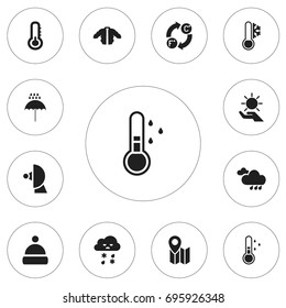 Set Of 12 Editable Climate Icons. Includes Symbols Such As Umbrella Drops, Frosty, Scale Of Temperature And More. Can Be Used For Web, Mobile, UI And Infographic Design.