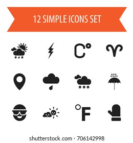 Set Of 12 Editable Climate Icons. Includes Symbols Such As Tornado, High Voltage, Ram And More. Can Be Used For Web, Mobile, UI And Infographic Design.
