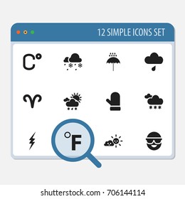 Set Of 12 Editable Climate Icons. Includes Symbols Such As Celsius, Sunny Weather, Glove And More. Can Be Used For Web, Mobile, UI And Infographic Design.