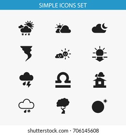 Set Of 12 Editable Climate Icons. Includes Symbols Such As Sundown, Tornado, Scales And More. Can Be Used For Web, Mobile, UI And Infographic Design.