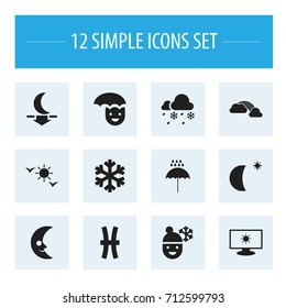 Set Of 12 Editable Climate Icons. Includes Symbols Such As Happy Man, Daystar, Fishes And More. Can Be Used For Web, Mobile, UI And Infographic Design.