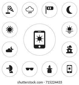 Set Of 12 Editable Climate Icons. Includes Symbols Such As Sun In Display, Eyeglasses, Wind Measurement And More. Can Be Used For Web, Mobile, UI And Infographic Design.