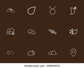 Set Of 12 Editable Climate Outline Icons. Includes Symbols Such As Raindrop, Sputnik, Weather And More. Can Be Used For Web, Mobile, UI And Infographic Design.