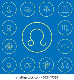 Set Of 12 Editable Climate Outline Icons. Includes Symbols Such As No Flight, Crab, Weather And More. Can Be Used For Web, Mobile, UI And Infographic Design.