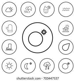 Set Of 12 Editable Climate Outline Icons. Includes Symbols Such As Hailstorm, Sky Night, Waterproof Shoes And More. Can Be Used For Web, Mobile, UI And Infographic Design.