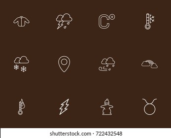Set Of 12 Editable Climate Outline Icons. Includes Symbols Such As Lightning, Hailstorm, Freeze And More. Can Be Used For Web, Mobile, UI And Infographic Design.