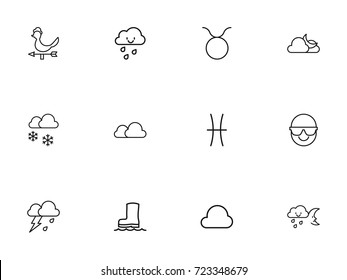 Set Of 12 Editable Climate Outline Icons. Includes Symbols Such As Midnight, Overcast, Waterproof Shoes And More. Can Be Used For Web, Mobile, UI And Infographic Design.