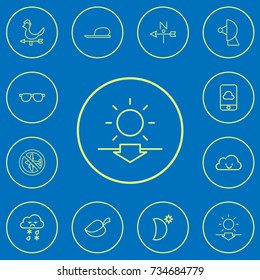 Set Of 12 Editable Climate Outline Icons. Includes Symbols Such As No Flight, Happy Overcast, Sundown And More. Can Be Used For Web, Mobile, UI And Infographic Design.