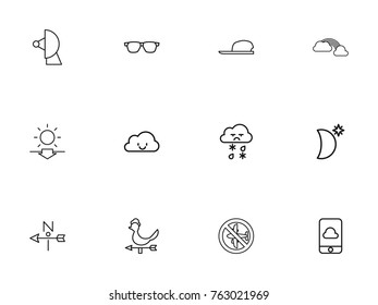 Set Of 12 Editable Climate Outline Icons. Includes Symbols Such As Phone, Sundown, Crescent With Star And More. Can Be Used For Web, Mobile, UI And Infographic Design.