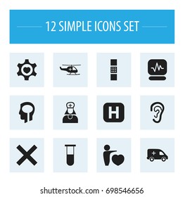 Set Of 12 Editable Clinic Icons. Includes Symbols Such As Pulse, Wound Band, Analysis Container. Can Be Used For Web, Mobile, UI And Infographic Design.