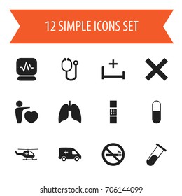 Set Of 12 Editable Clinic Icons. Includes Symbols Such As Medical Aviation, Emergency, Respiratory Organ And More. Can Be Used For Web, Mobile, UI And Infographic Design.