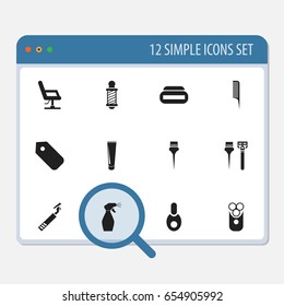 Set Of 12 Editable Coiffeur Icons. Includes Symbols Such As Window Cleaner, Beautician, Vial And More. Can Be Used For Web, Mobile, UI And Infographic Design.