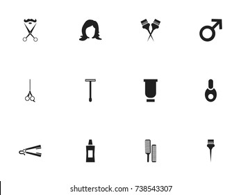 Set Of 12 Editable Coiffeur Icons. Includes Symbols Such As Gel, Straightener, Painting Tools And More. Can Be Used For Web, Mobile, UI And Infographic Design.
