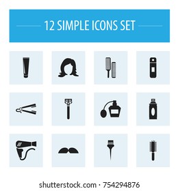 Set Of 12 Editable Coiffeur Icons. Includes Symbols Such As Straightener, Shampoo, Whiskers And More. Can Be Used For Web, Mobile, UI And Infographic Design.