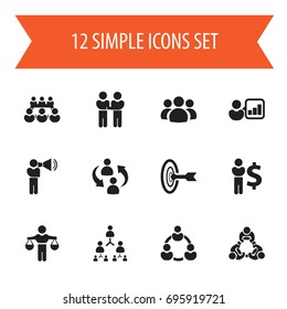 Set Of 12 Editable Community Icons. Includes Symbols Such As Commander, Finding Solution, Hierarchy. Can Be Used For Web, Mobile, UI And Infographic Design.