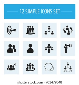 Set Of 12 Editable Community Icons. Includes Symbols Such As Corporate, Conversation, Command. Can Be Used For Web, Mobile, UI And Infographic Design.