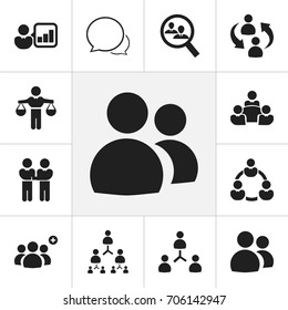 Set Of 12 Editable Community Icons. Includes Symbols Such As Conversation, Human Resouces, Staff Structure And More. Can Be Used For Web, Mobile, UI And Infographic Design.