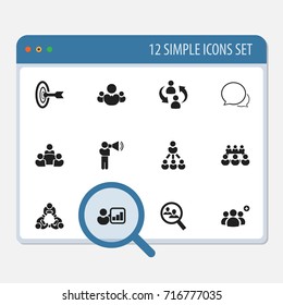 Set Of 12 Editable Community Icons. Includes Symbols Such As Human Resouces, Leader, Teamwork And More. Can Be Used For Web, Mobile, UI And Infographic Design.