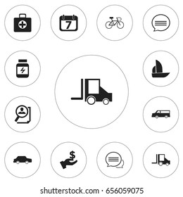 Set Of 12 Editable Complex Icons. Includes Symbols Such As Camion, Messaging, First Aid Box And More. Can Be Used For Web, Mobile, UI And Infographic Design.