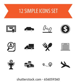 Set Of 12 Editable Complex Icons. Includes Symbols Such As Car, Currency, Search And More. Can Be Used For Web, Mobile, UI And Infographic Design.