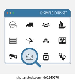 Set Of 12 Editable Complex Icons. Includes Symbols Such As Drug, Van, Award And More. Can Be Used For Web, Mobile, UI And Infographic Design.