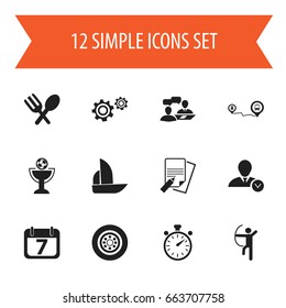 Set Of 12 Editable Complex Icons. Includes Symbols Such As Goblet, Yacht, Date Block And More. Can Be Used For Web, Mobile, UI And Infographic Design.